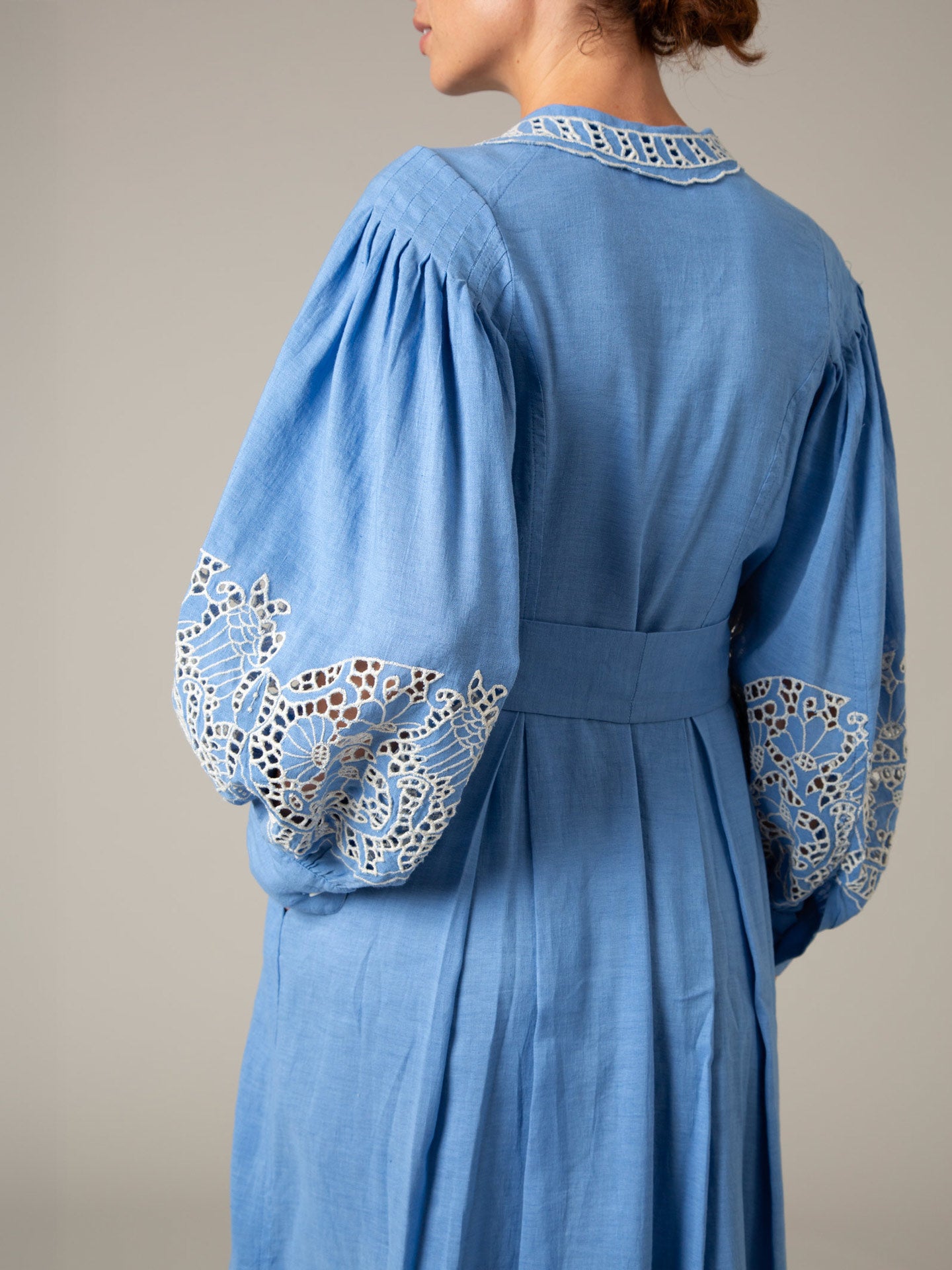 Back detail - Yvonne Long Dress in Cerulean Blue by Thierry Colson – Linen Guipure Embroidery