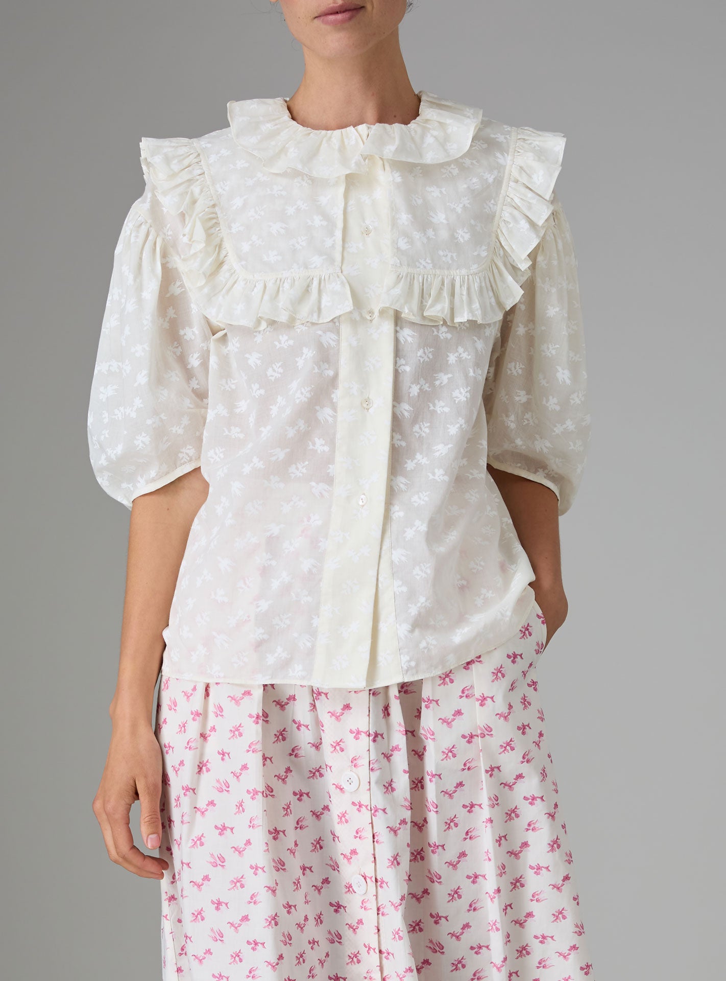 Front view of Vanina Romantic Blouse Hand Block-Printed Birds Flowers Ruffled Collar by Thierry Colson