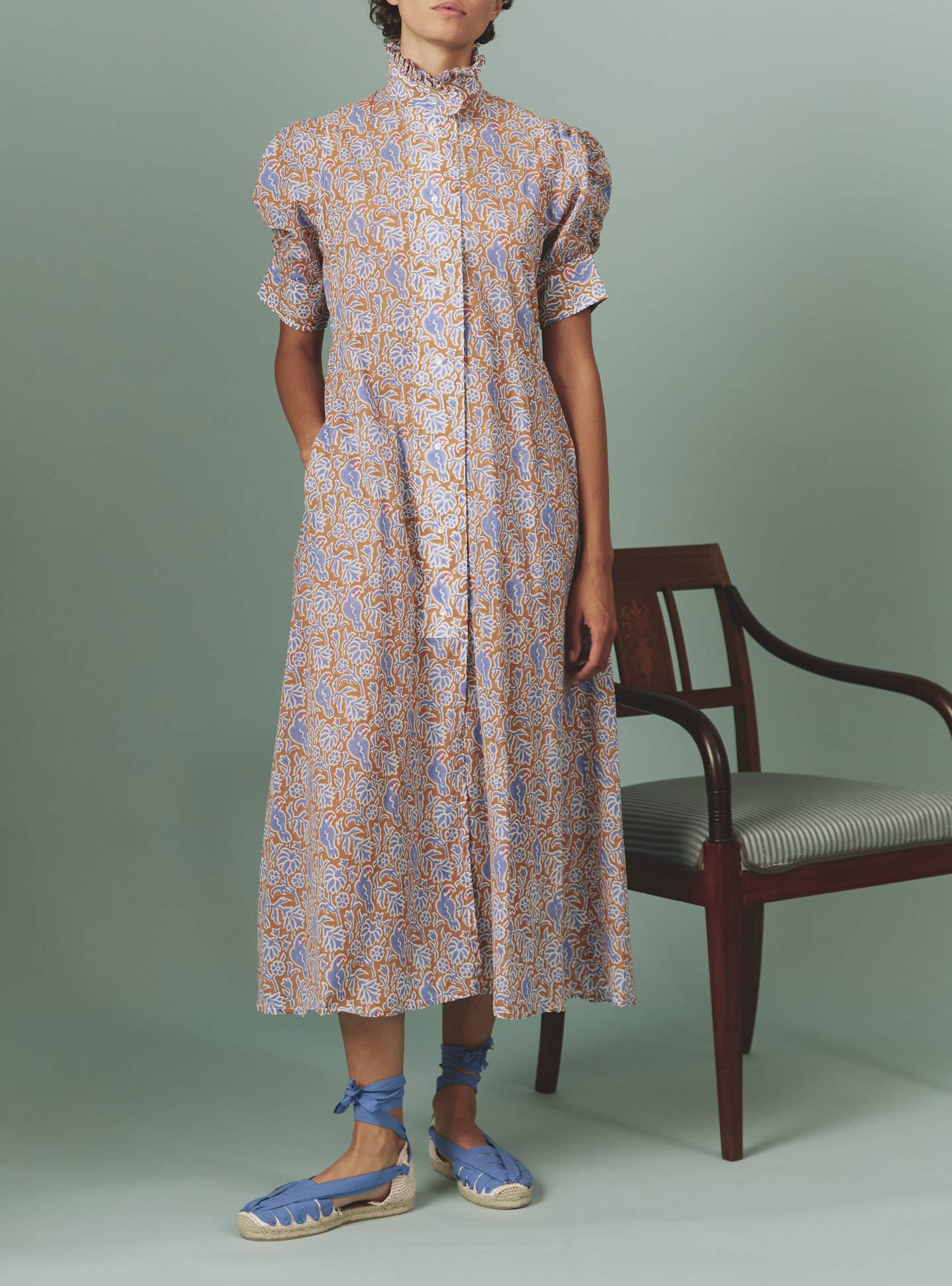 Venetia Arancio Lavender Parrot Print Dress by Thierry Colson