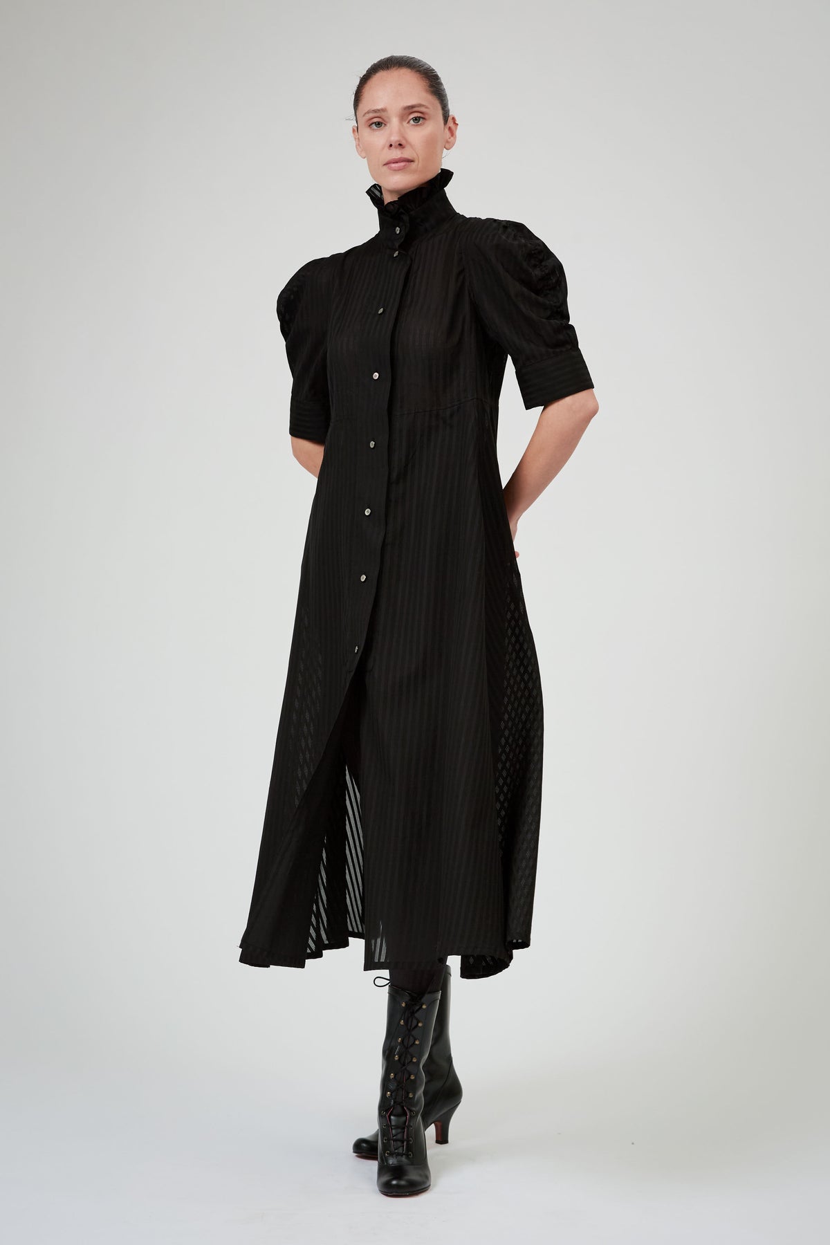 Venetia Short Sleeves Dress - Black - Chiffon Fileté