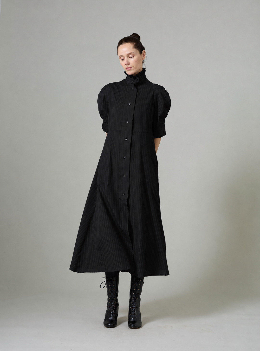 Venetia Short Sleeves Dress - Black - Chiffon Fileté