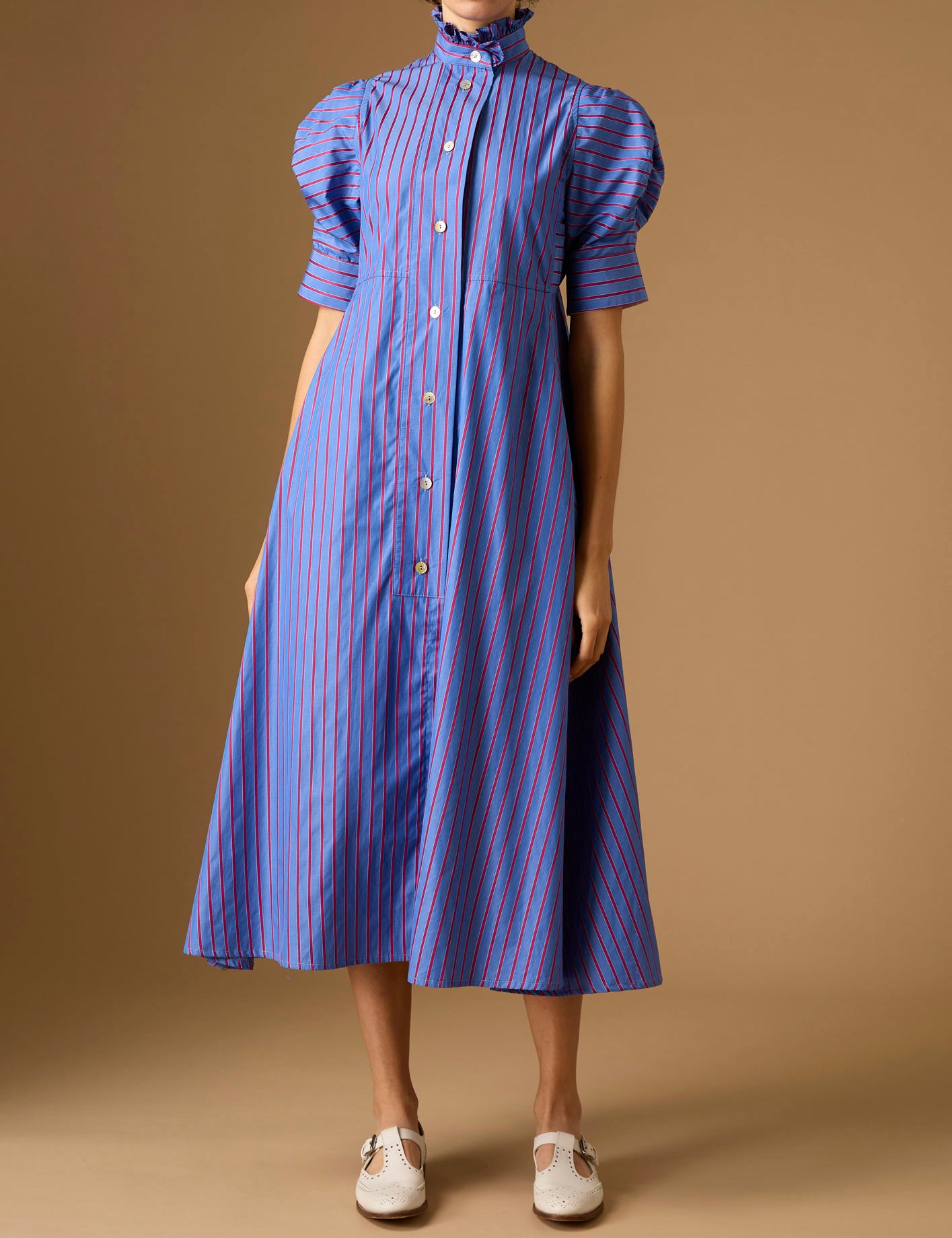 Front view of Venetia Bluet Cherry Stripes Dress by Thierry Colson