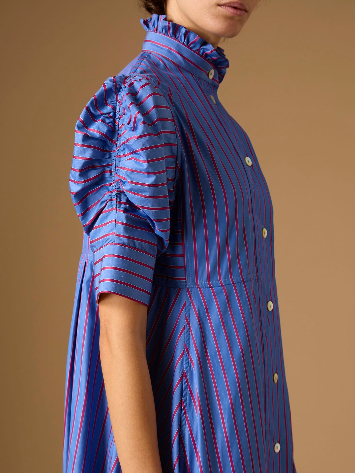 Close up of Venetia Bluet Cherry Stripes Dress by Thierry Colson