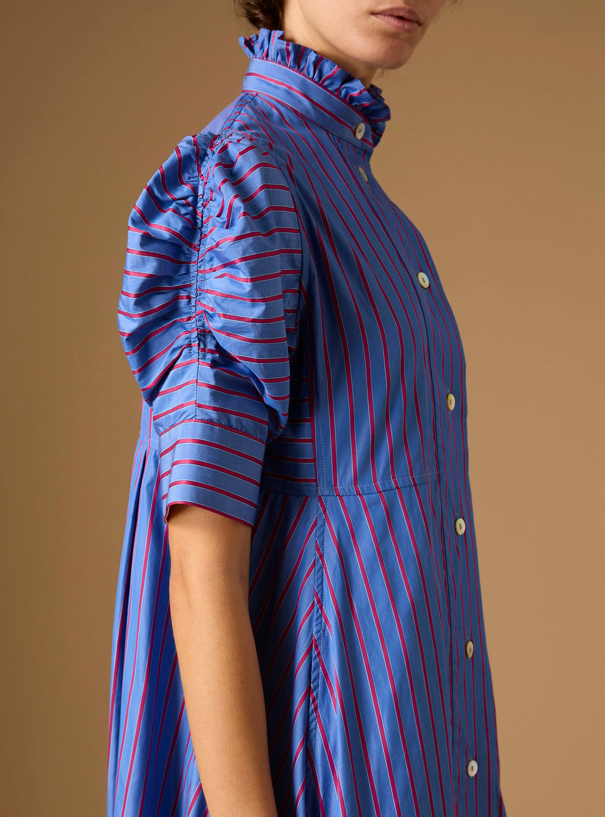 Close up of Venetia Bluet Cherry Stripes Dress by Thierry Colson