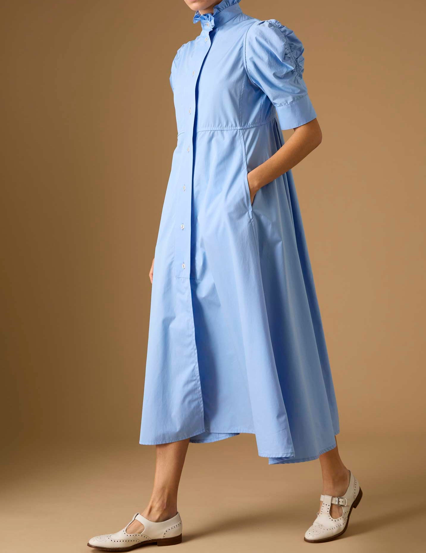 Side view of Venetia Plain Poplin Blue Dress by Thierry Colson
