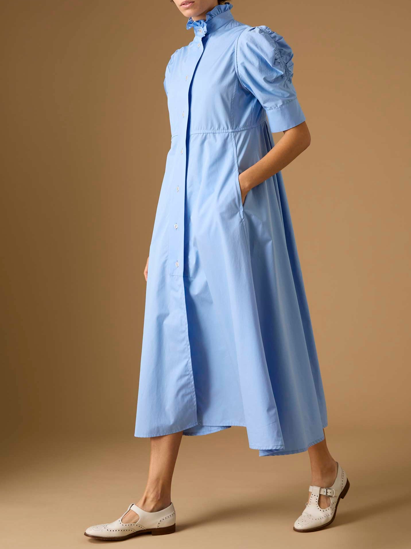 Side view of Venetia Plain Poplin Blue Dress by Thierry Colson