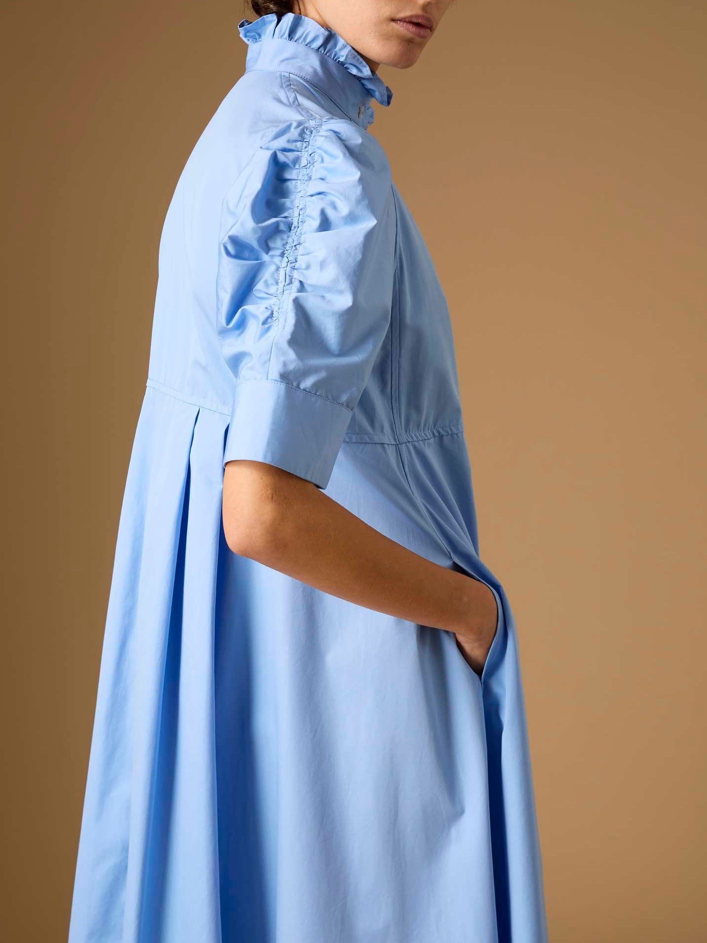 Side Sleeve detail of Venetia Plain Poplin Blue Dress by Thierry Colson