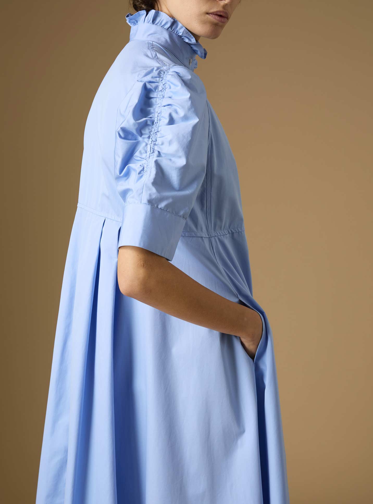 Side Sleeve detail of Venetia Plain Poplin Blue Dress by Thierry Colson
