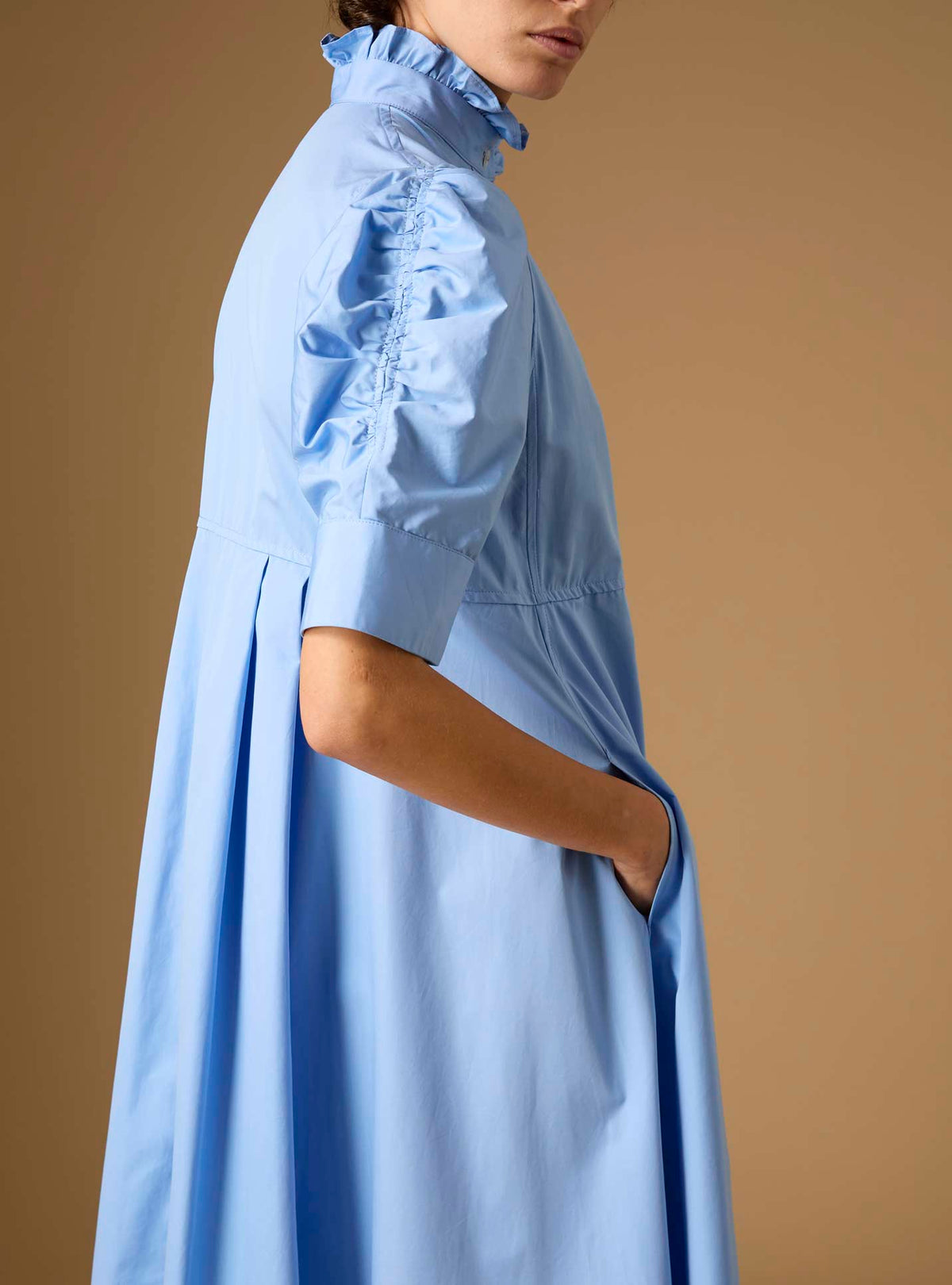 Side Sleeve detail of Venetia Plain Poplin Blue Dress by Thierry Colson