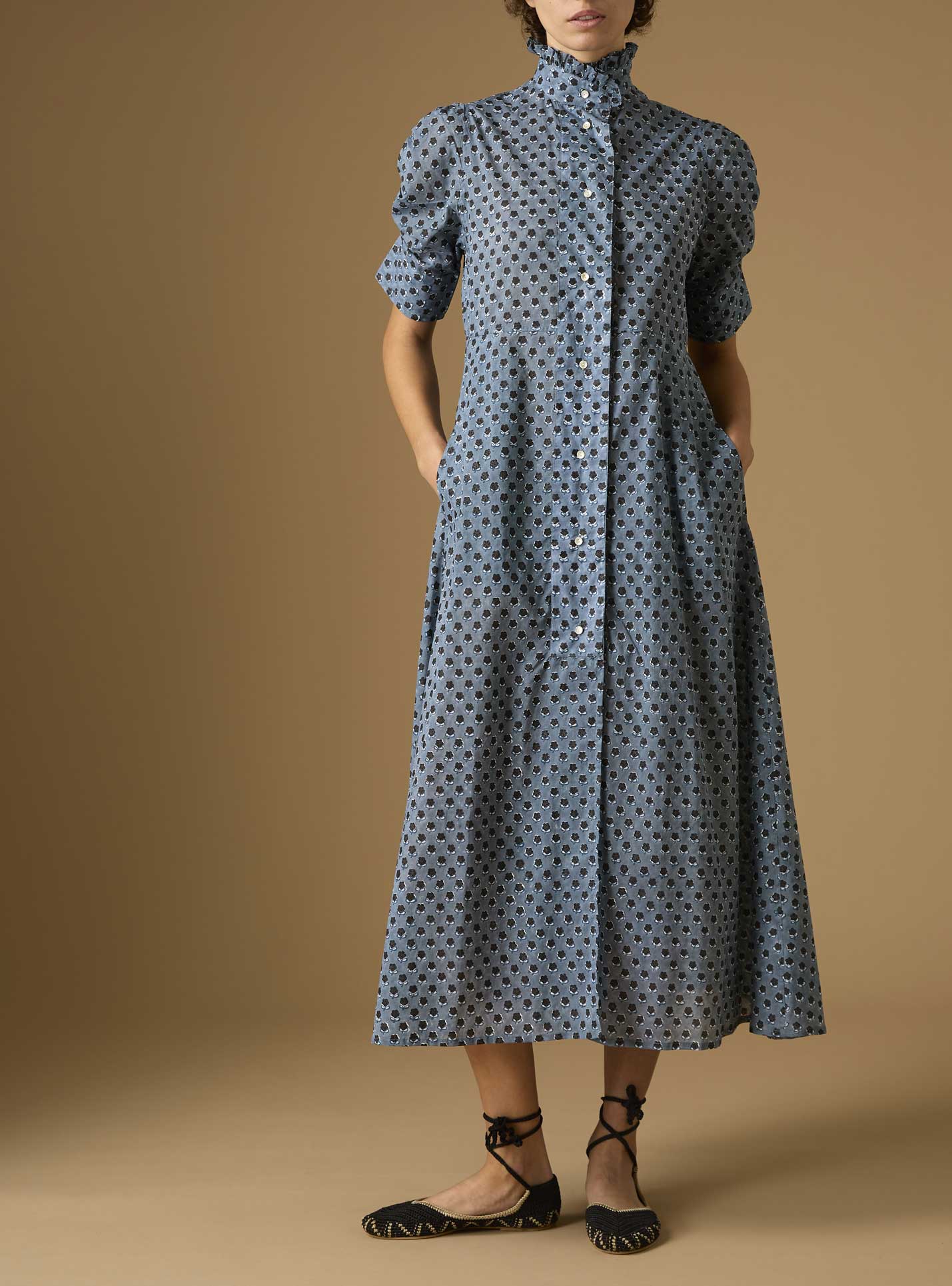 Front view of Venetia Blue Grey / black Voile Dress by Thierry Colson