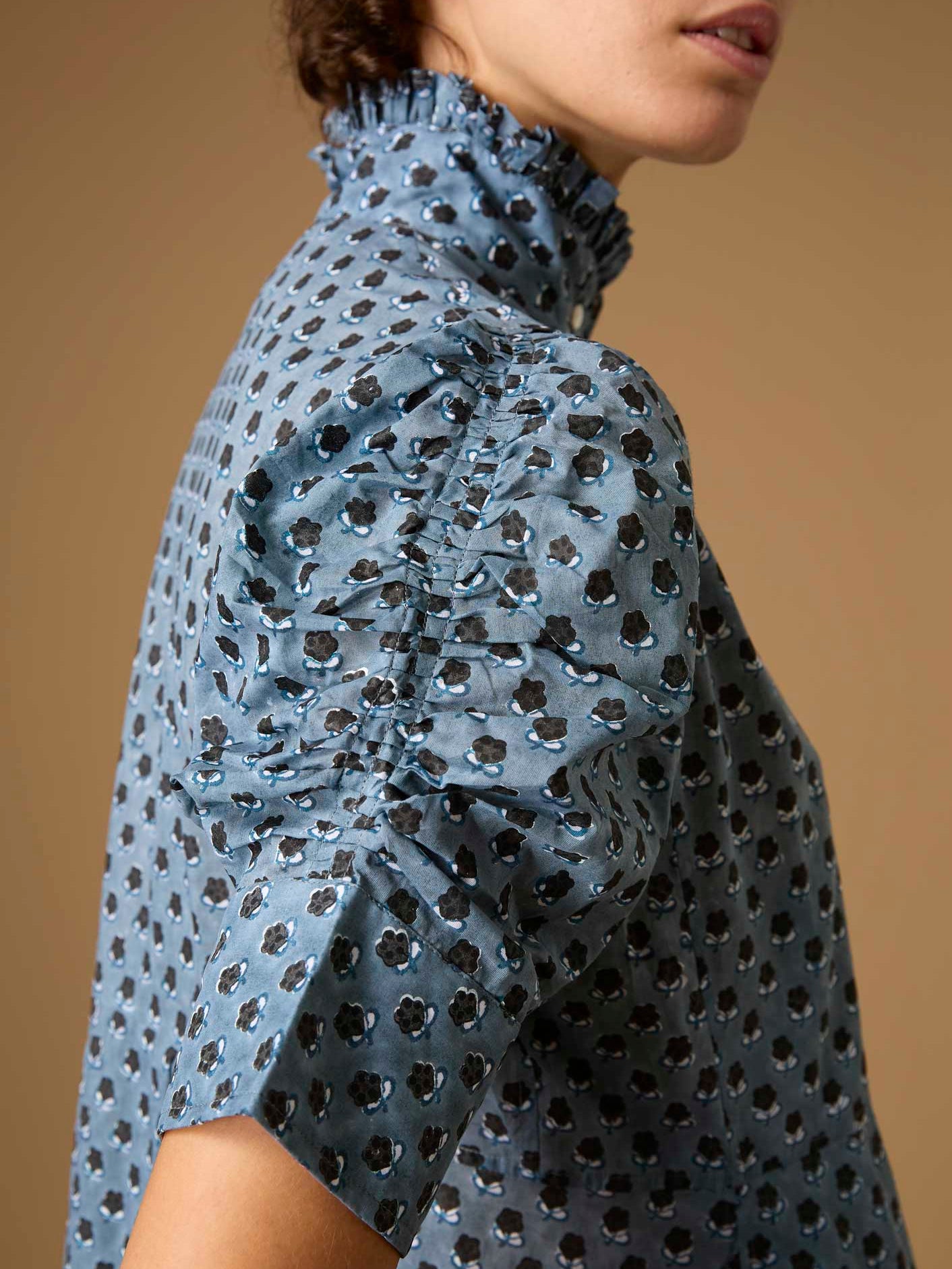 Sleeve detail of Venetia Blue Grey / black Voile Dress by Thierry Colson