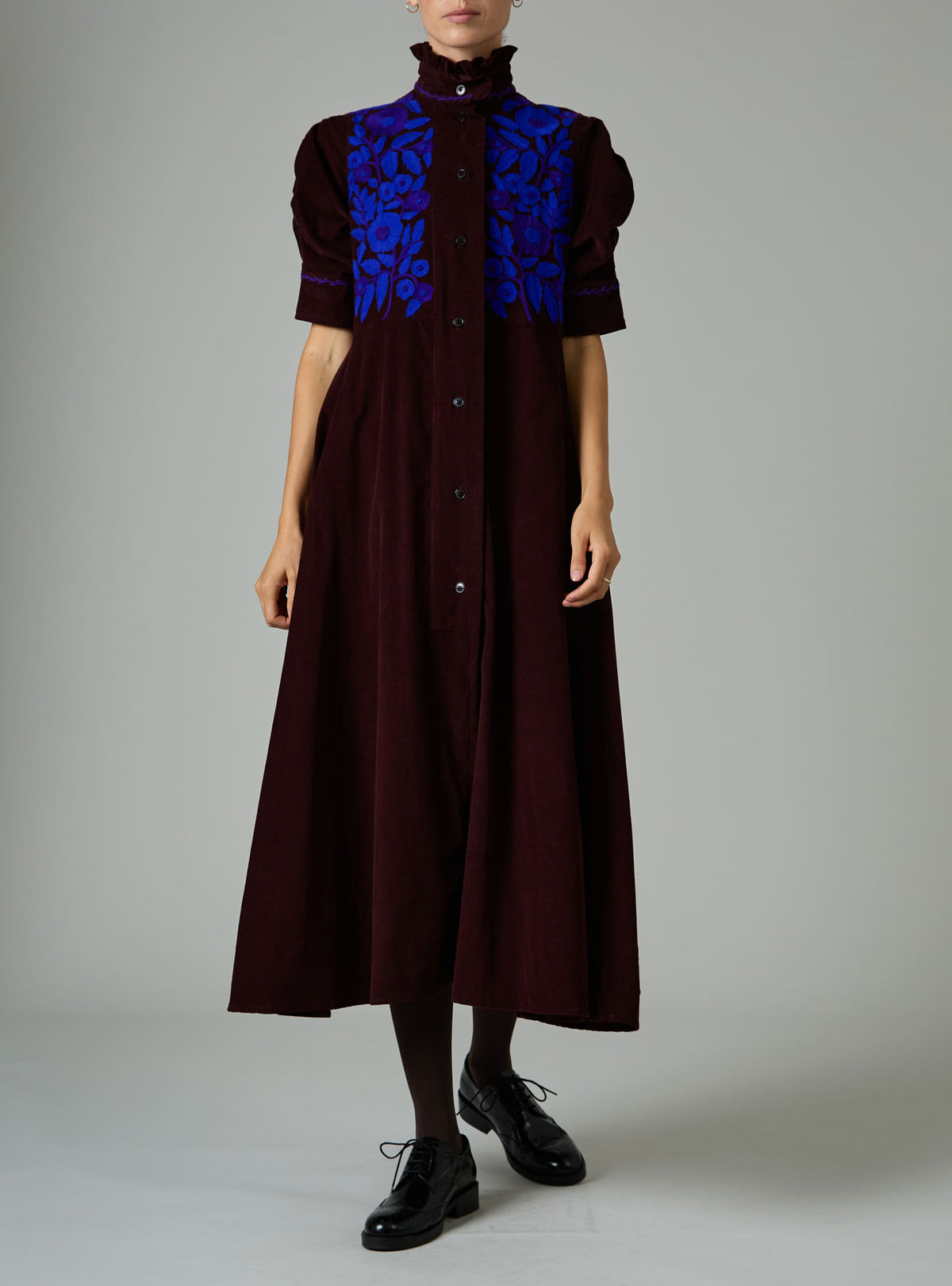 Venetia Dress - Balkanic Embroidery - Chocolate / Cobalt & Purple