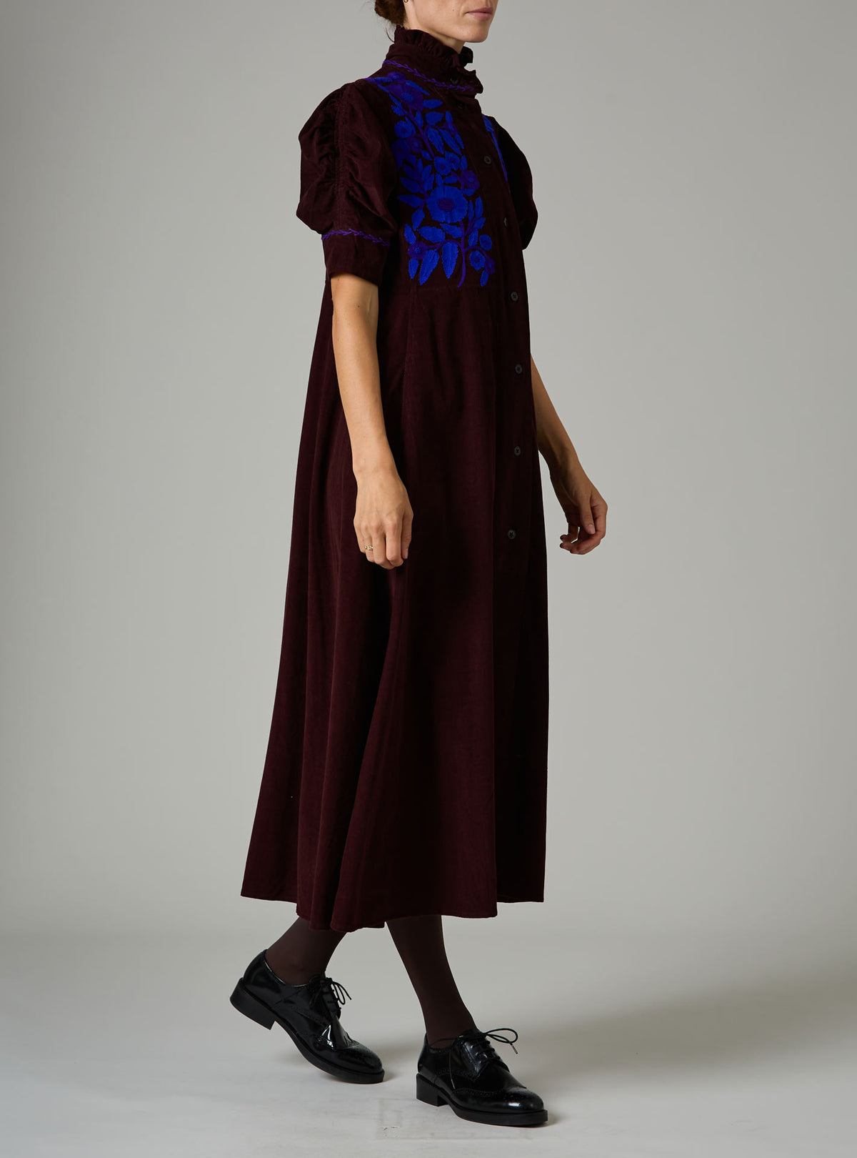 Venetia Dress - Balkanic Embroidery - Chocolate / Cobalt & Purple