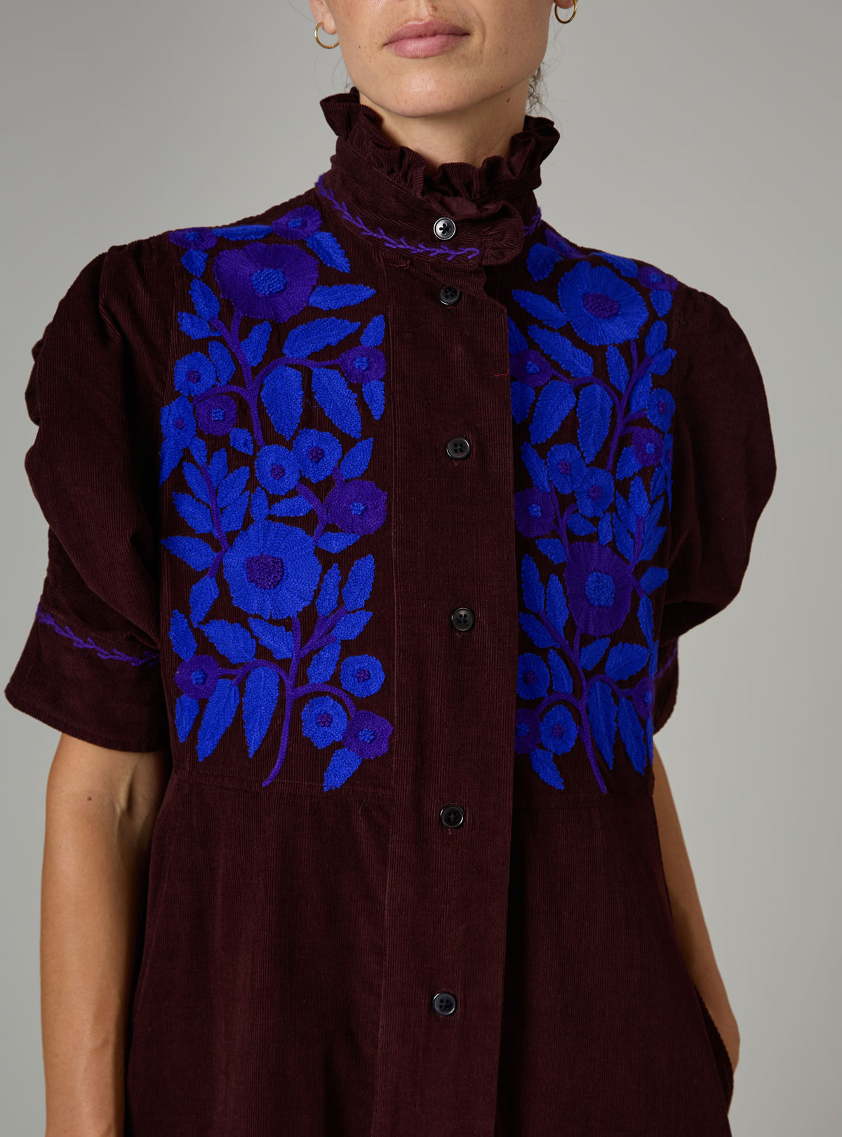 Venetia Dress - Balkanic Embroidery - Chocolate / Cobalt & Purple