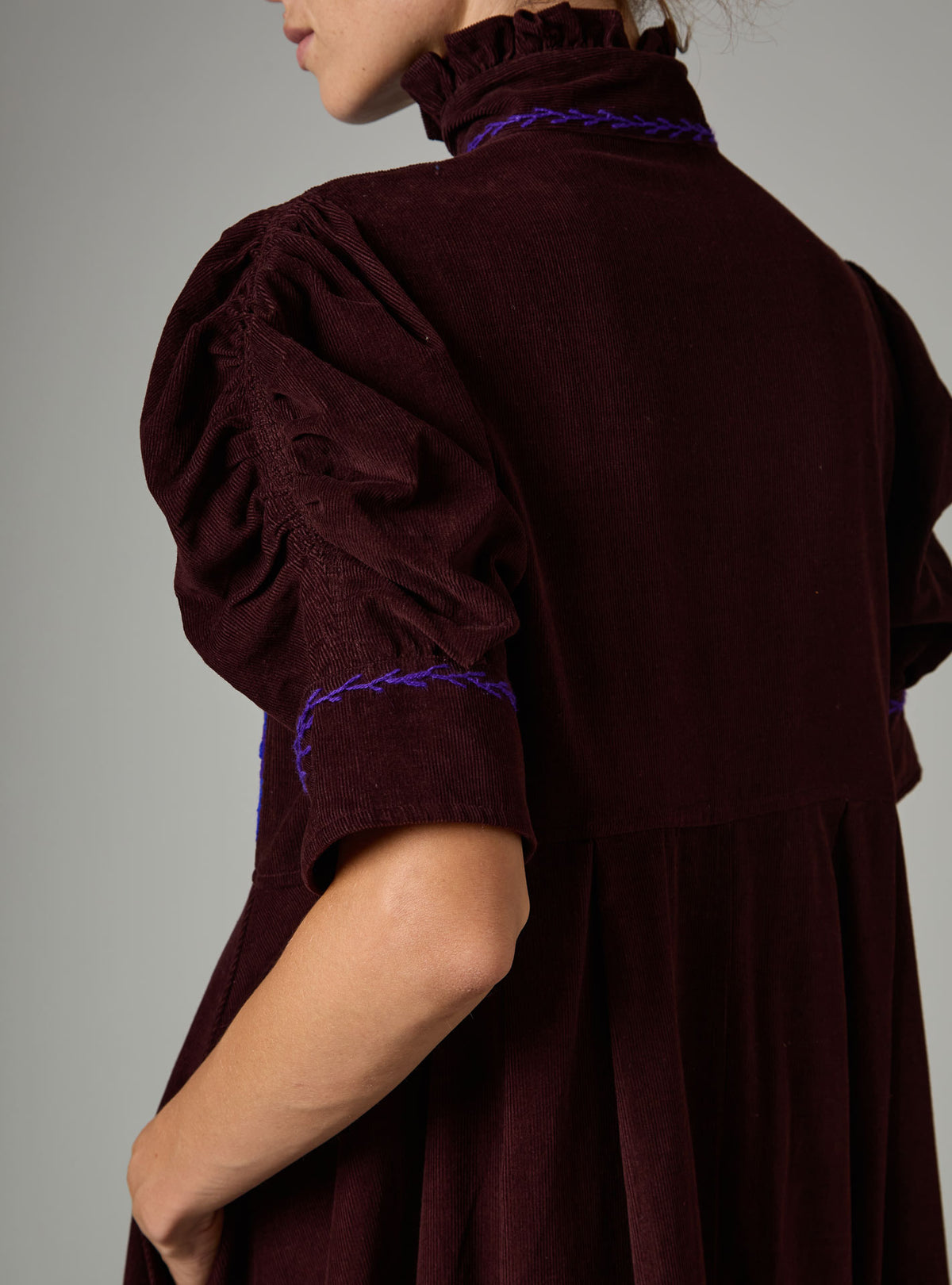 Venetia Dress - Balkanic Embroidery - Chocolate / Cobalt & Purple