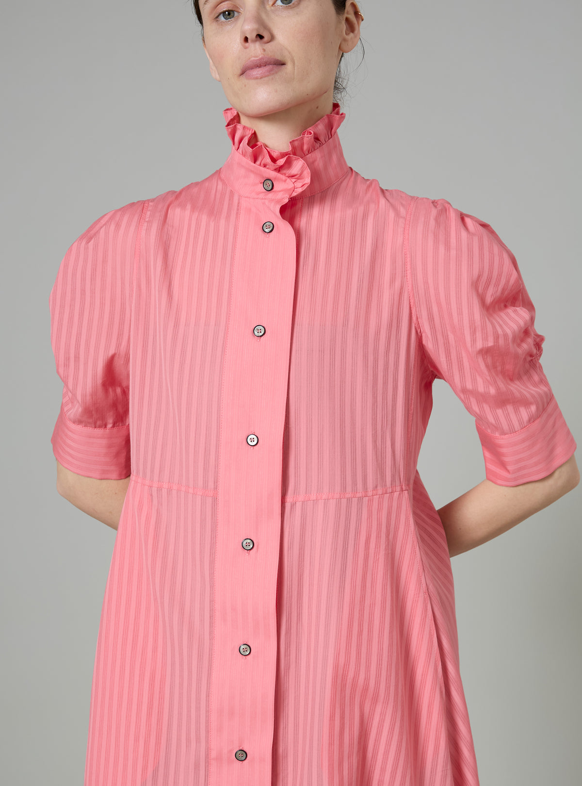 Venetia Short Sleeves Dress - Flamingo Pink - Chiffon Fileté