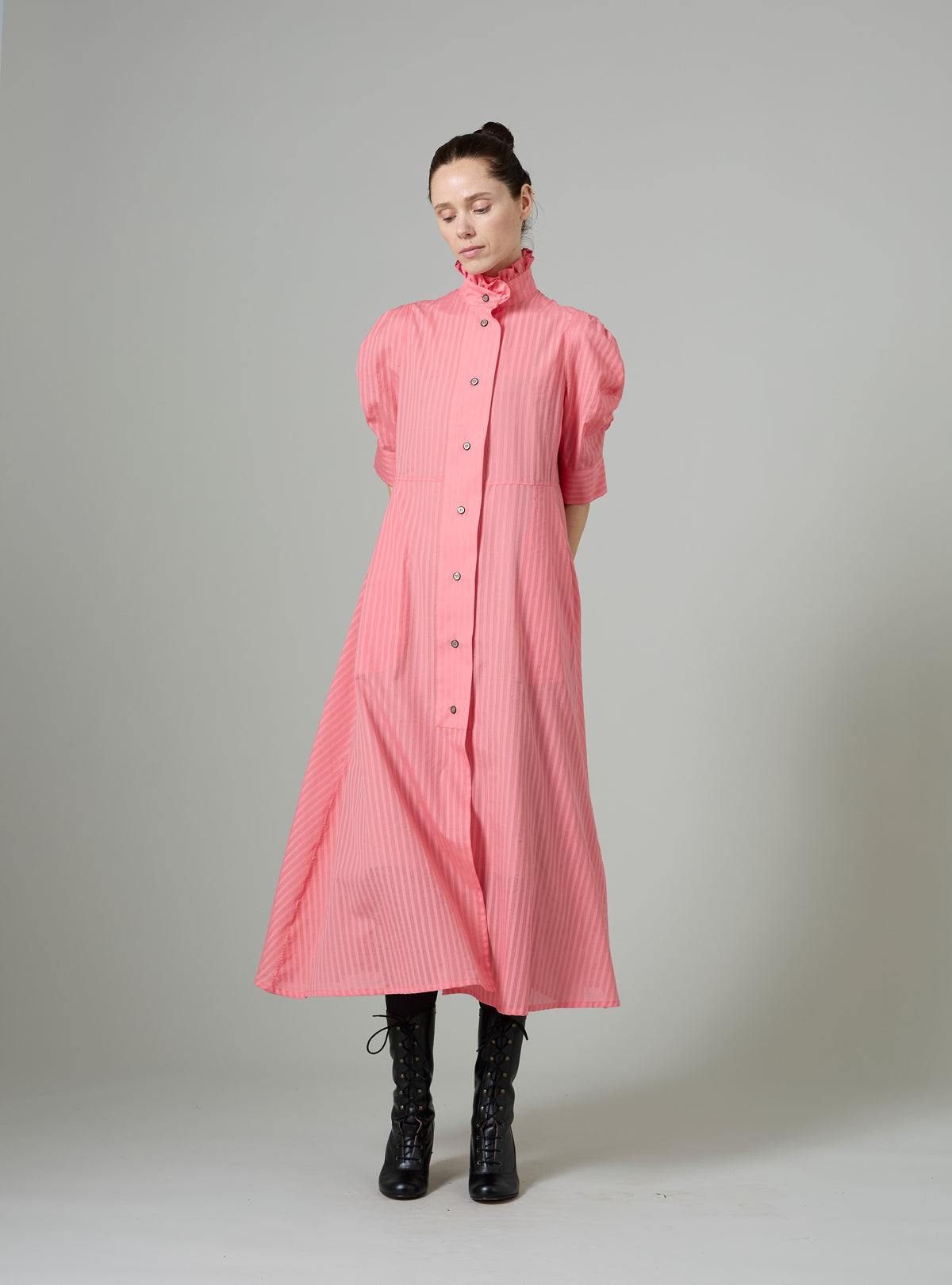 Venetia Short Sleeves Dress - Flamingo Pink - Chiffon Fileté