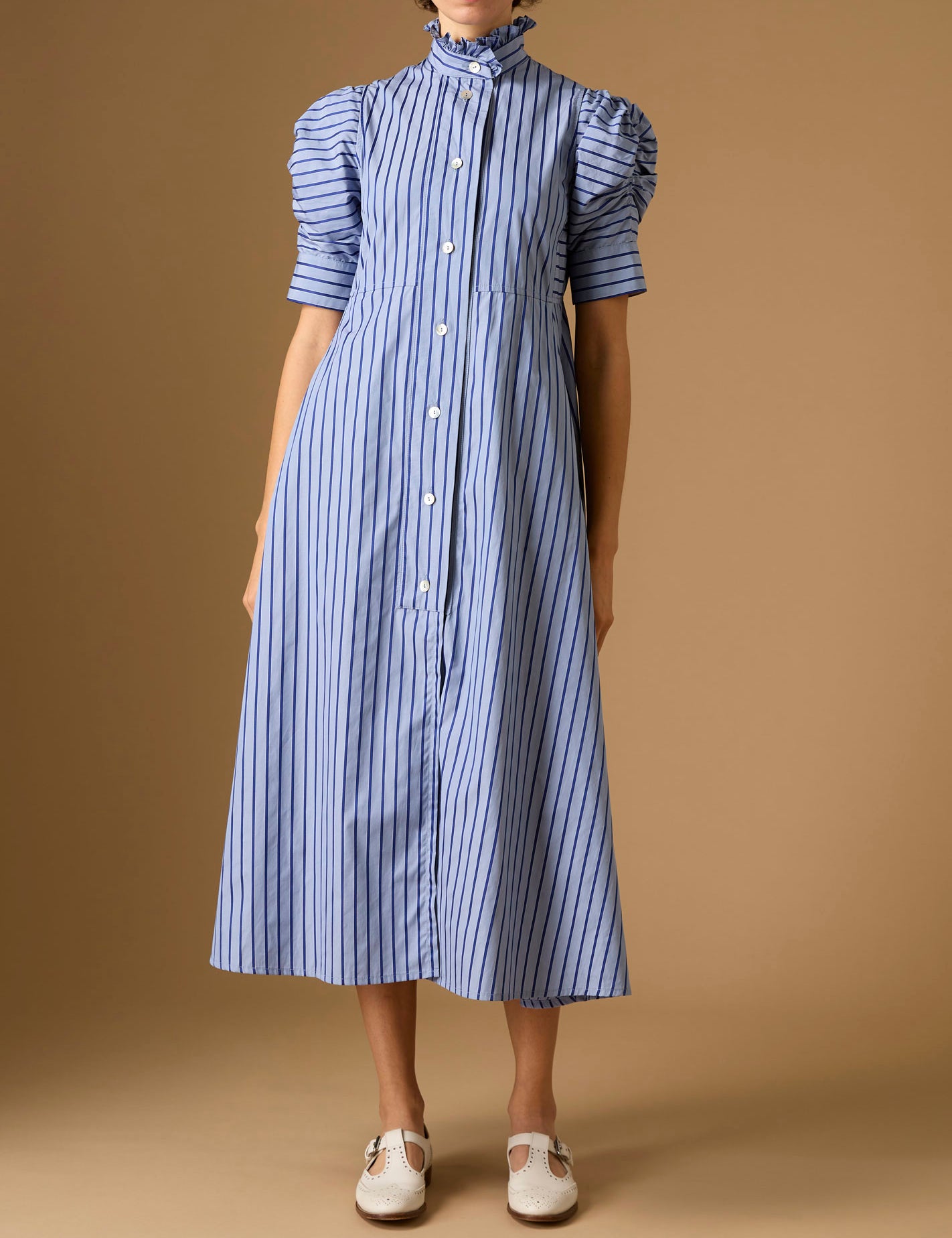 Front view Venetia Grey Navy Stripes Dress by Thierry Colson