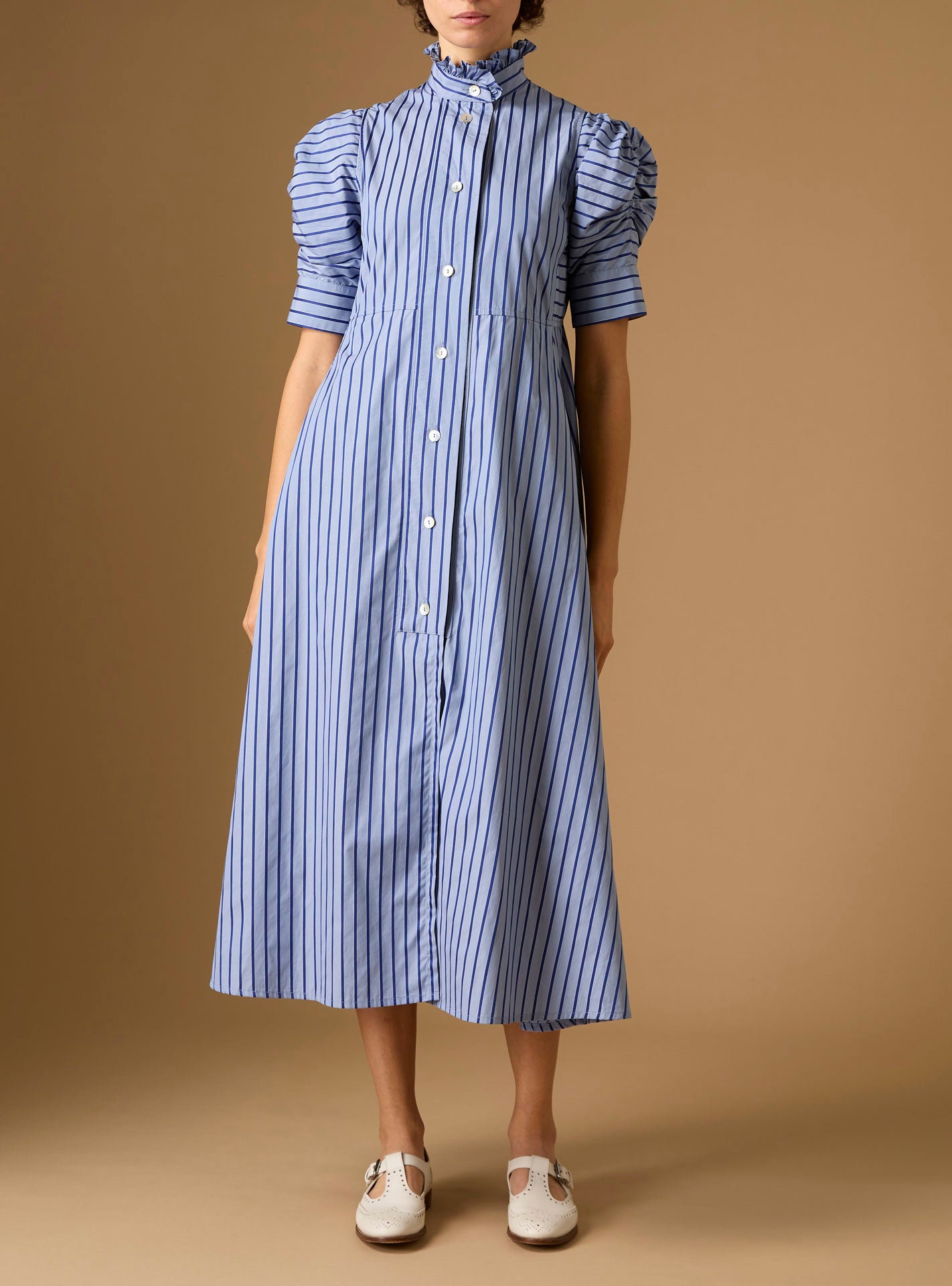Front view Venetia Grey Navy Stripes Dress by Thierry Colson
