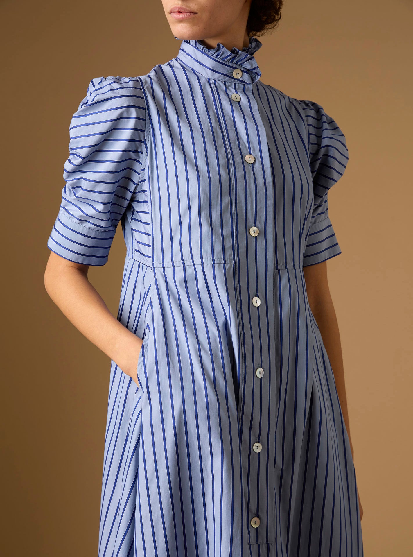 Close up  view Venetia Grey Navy Stripes Dress by Thierry Colson