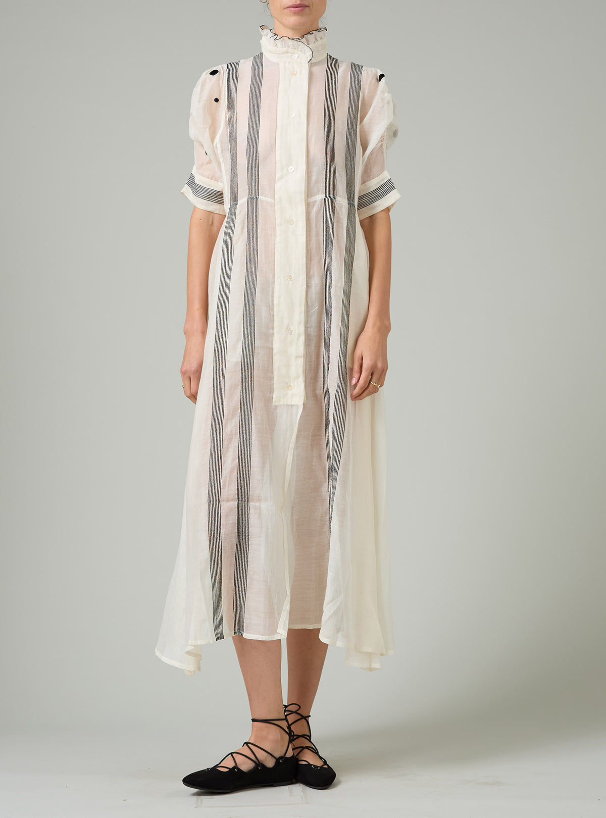 Venetia Dress - Chanderi Checks & Dots Embroidery - Ivory