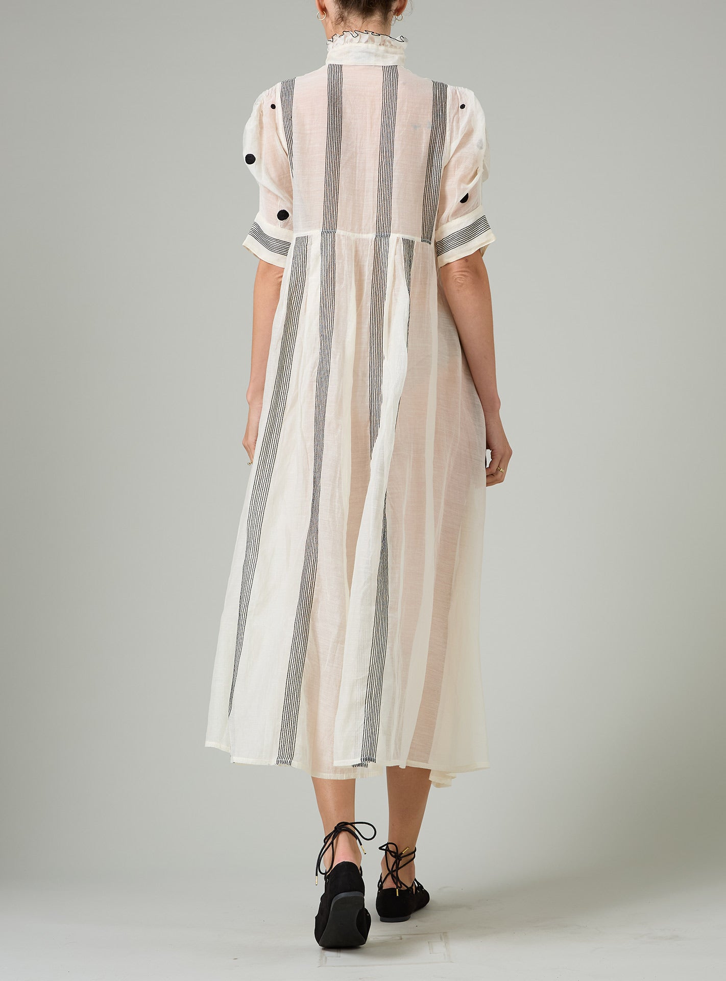 Venetia Dress - Chanderi Checks & Dots Embroidery - Ivory
