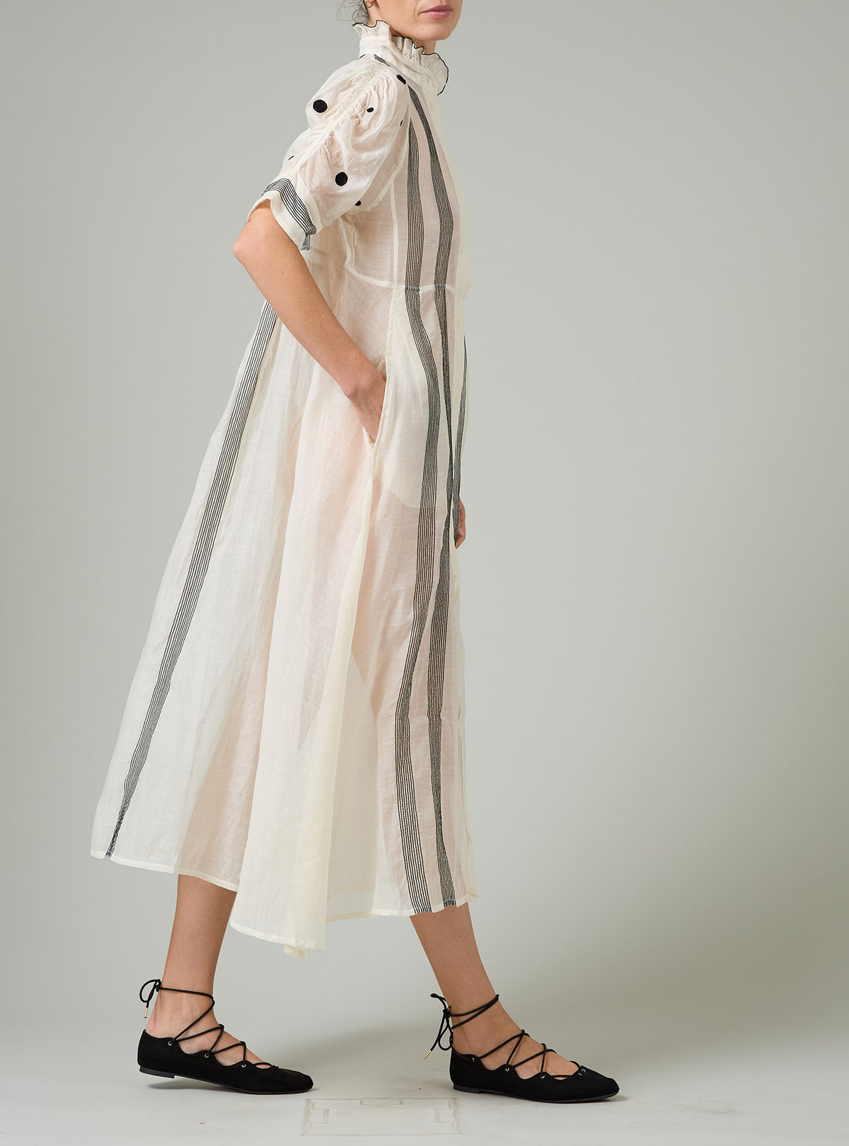 Venetia Dress - Chanderi Checks & Dots Embroidery - Ivory