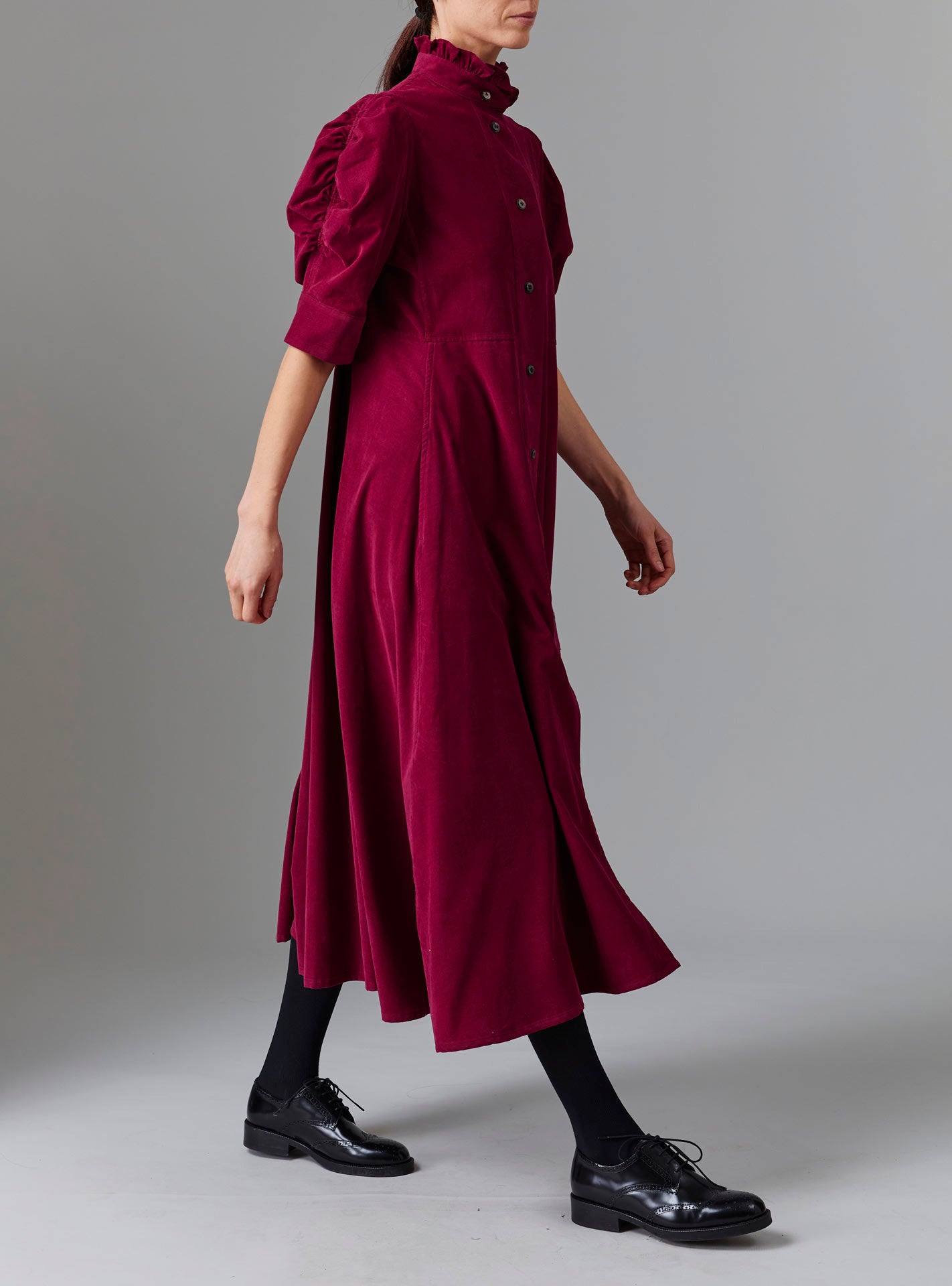 Side view of Venetia Plum Dress - Tirolean Cord by Thierry Colson