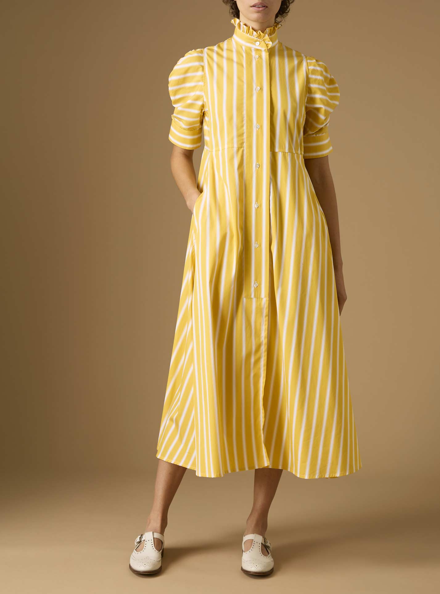 Front view of Venetia Downing Poplin Yellow Dress by Thierry Colson