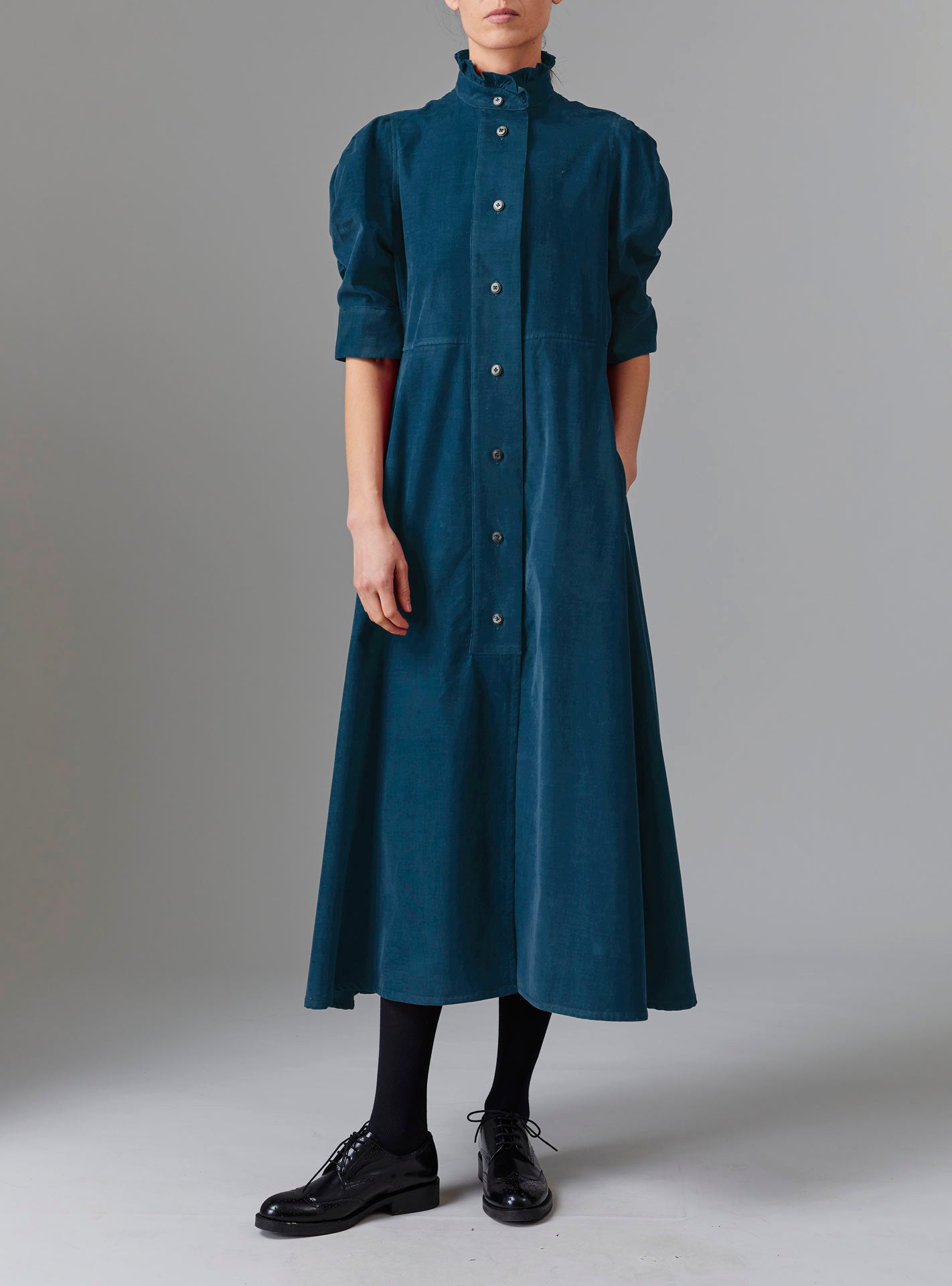 Front view of Venetia Dress - Tirolean Cord - Petrol - Fall 24 by Thierry Colson