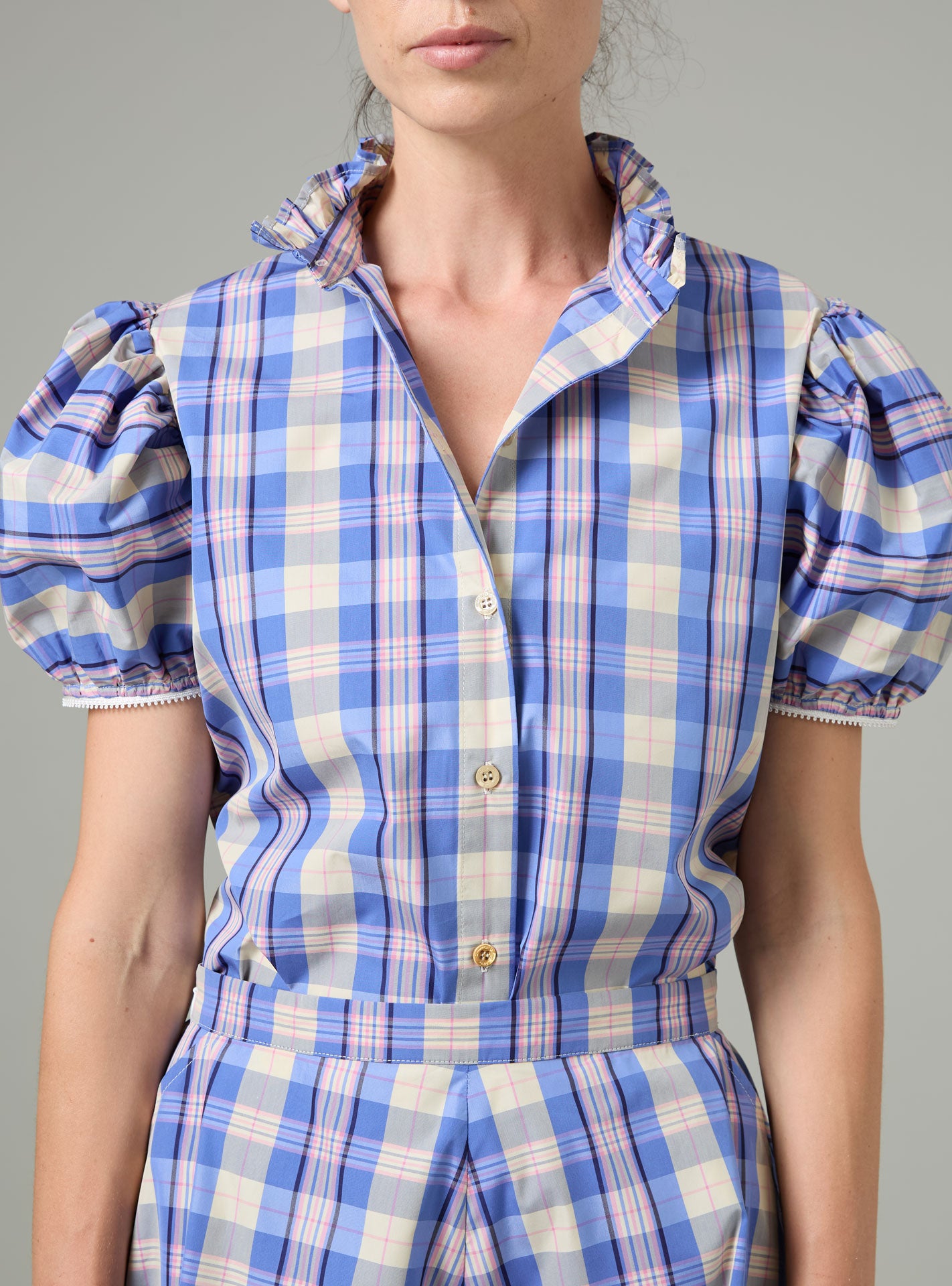 Vike Blouse - Victorian Check - Blue and Grey – Thierry Colson