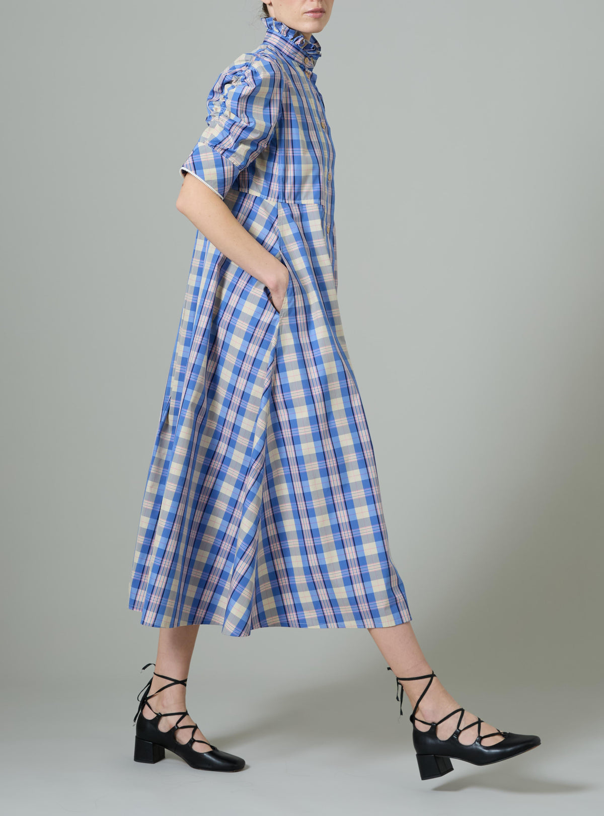 Venetia Dress - Victorian Check - Blue and Grey