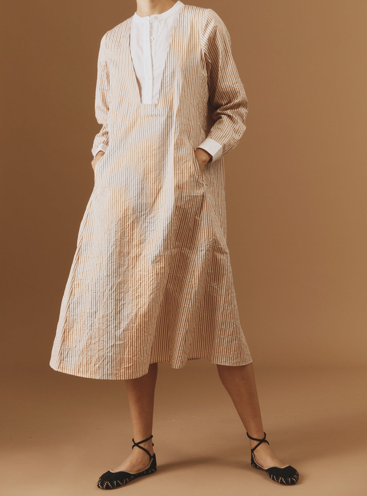 Front view of Victoria Cappuccino Midi Crinkle satin kaftan by Thierry Colson