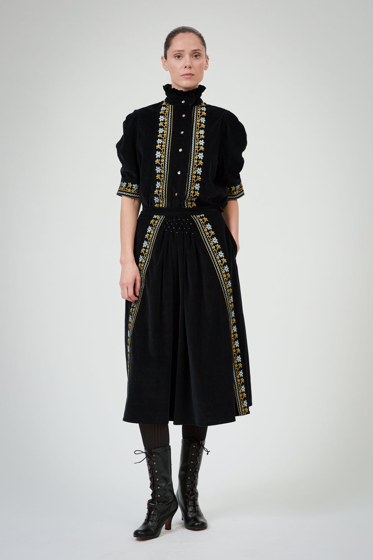 Yulia Skirt - Black - Embroidered Corduroy