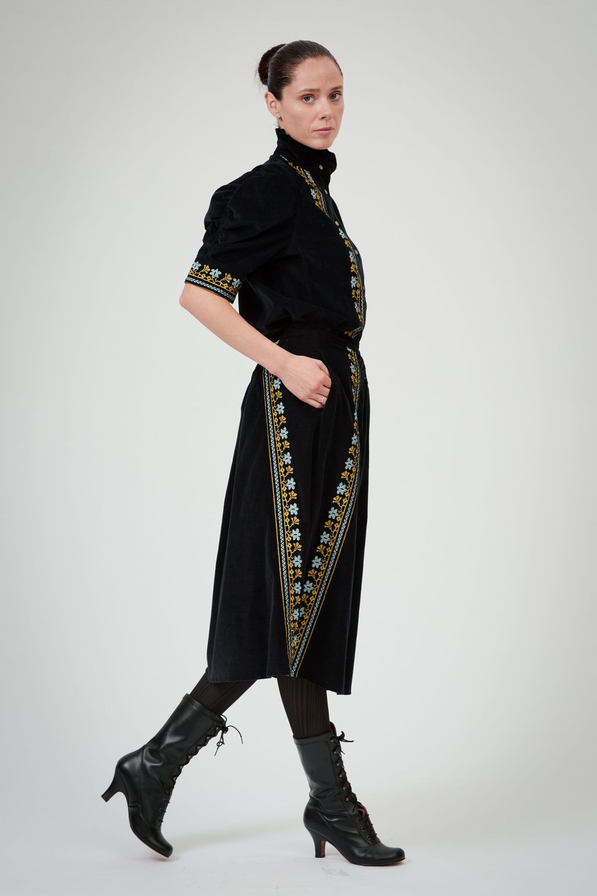 Yulia Skirt - Black - Embroidered Corduroy