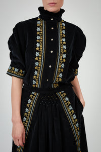 Vita Short Sleeves Shirt - Black - Embroidered Corduroy