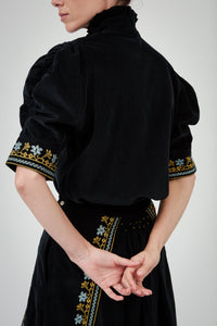 Vita Short Sleeves Shirt - Black - Embroidered Corduroy