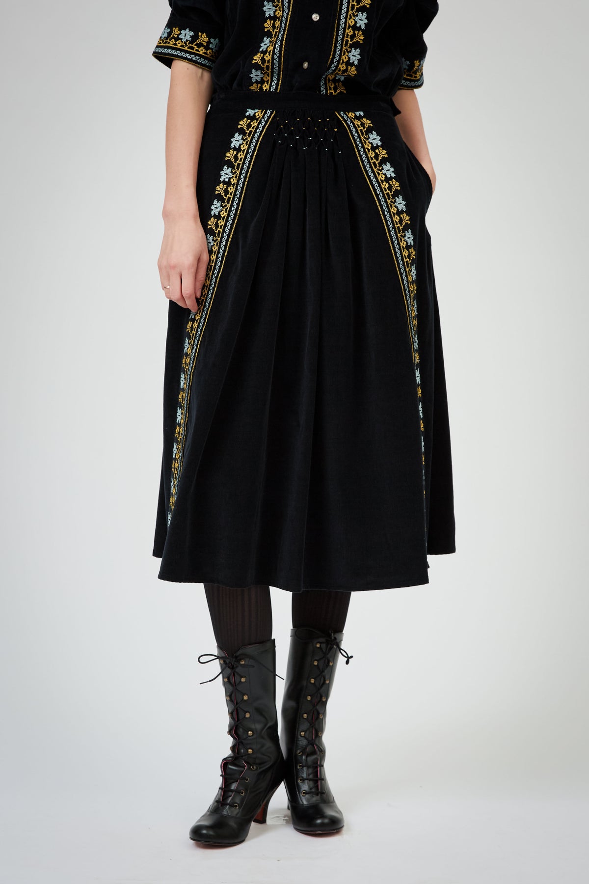 Yulia Skirt - Black - Embroidered Corduroy