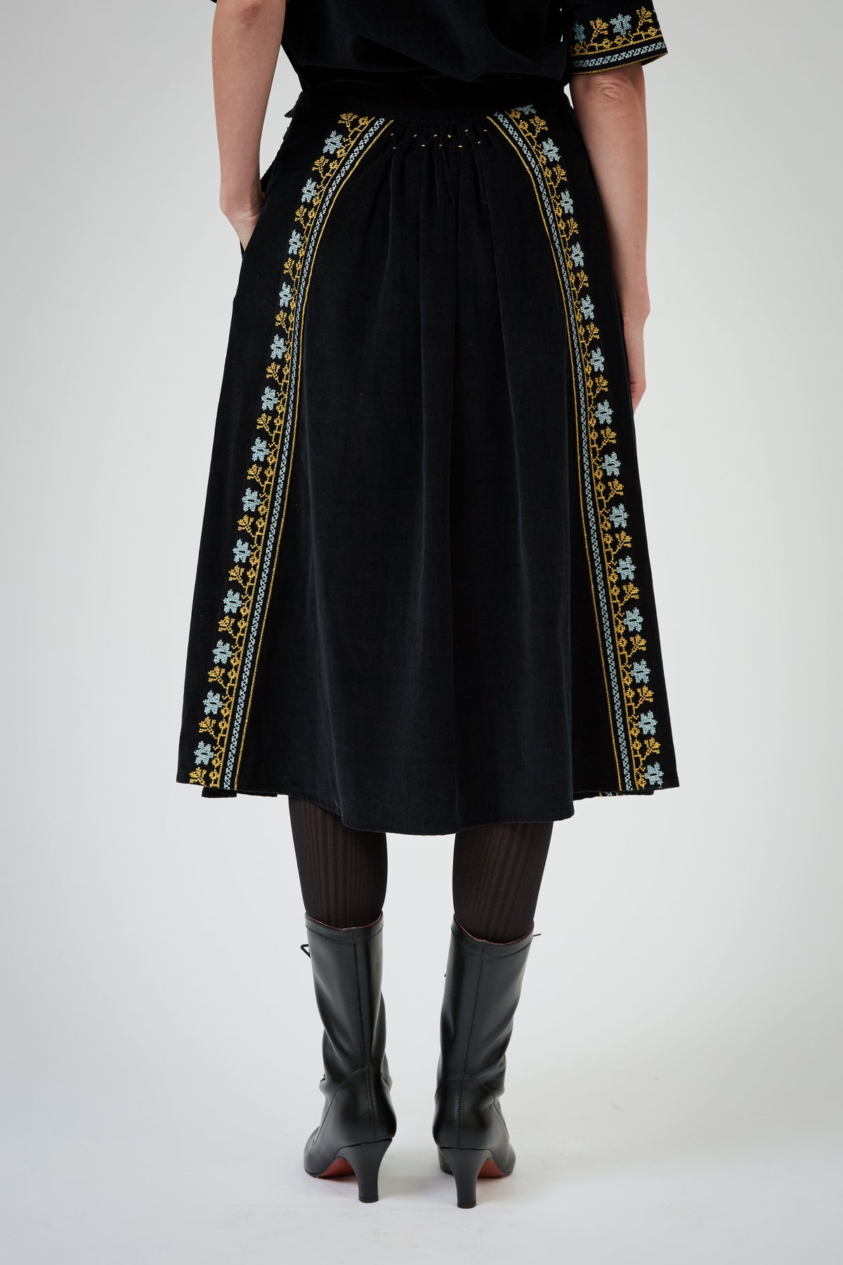 Yulia Skirt - Black - Embroidered Corduroy