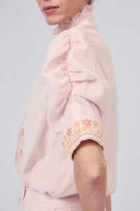 Vita Short Sleeves Shirt - Peony Pink - Embroidered Corduroy