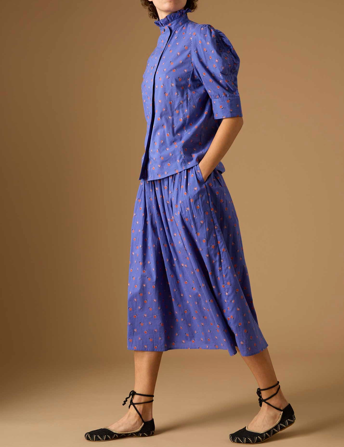 Full side view of Vita blue blouse and Verde blue Skirt from Pre Spring 2024 by Thierry Colson