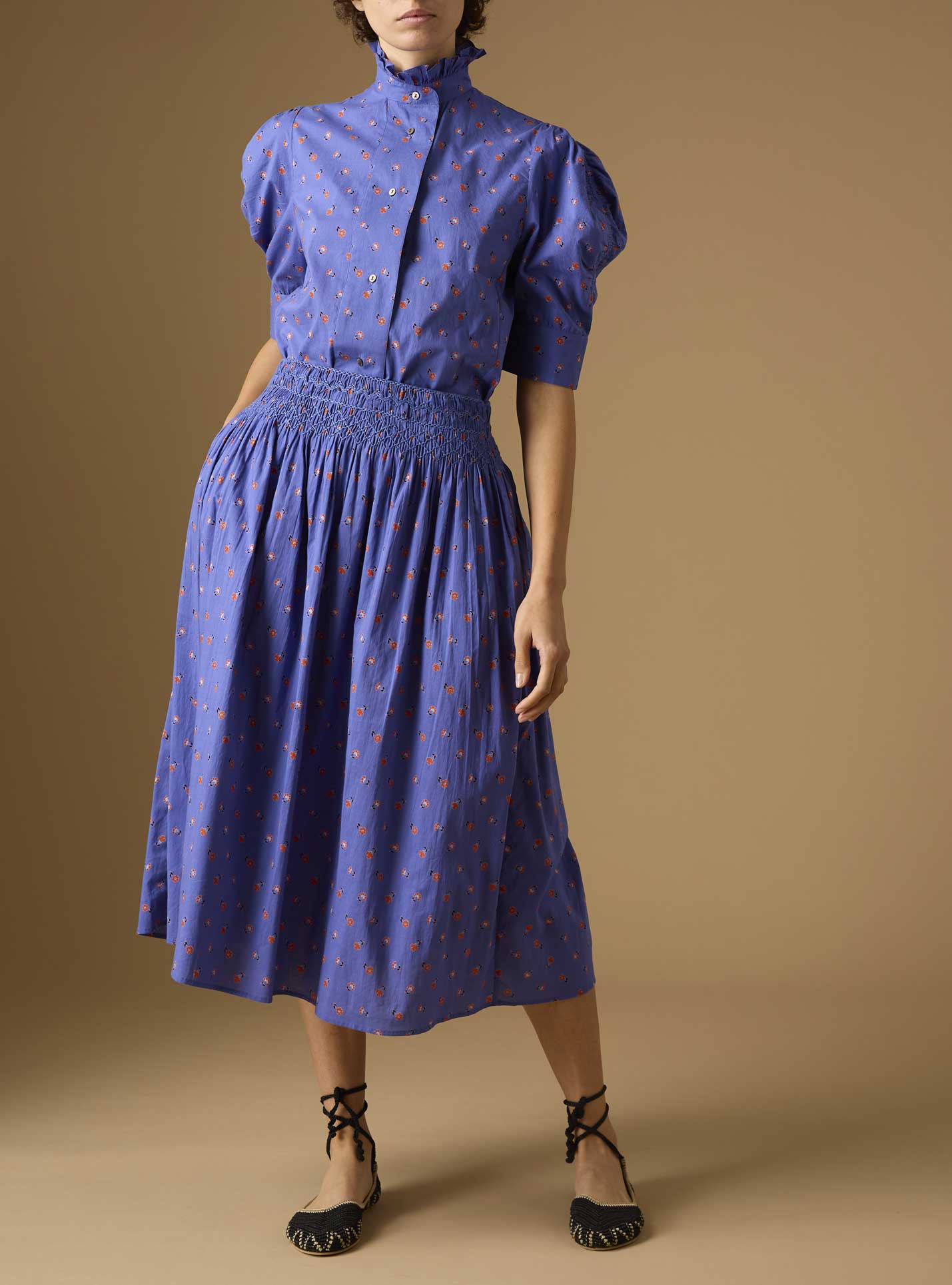 Full view of Vita blue blouse and Verde blue Skirt from Pre Spring 2024 by Thierry Colson