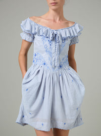 Falbala Mini Dress - Wild Flower Embroidery - Blue