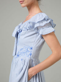 Falbala Mini Dress - Wild Flower Embroidery - Blue