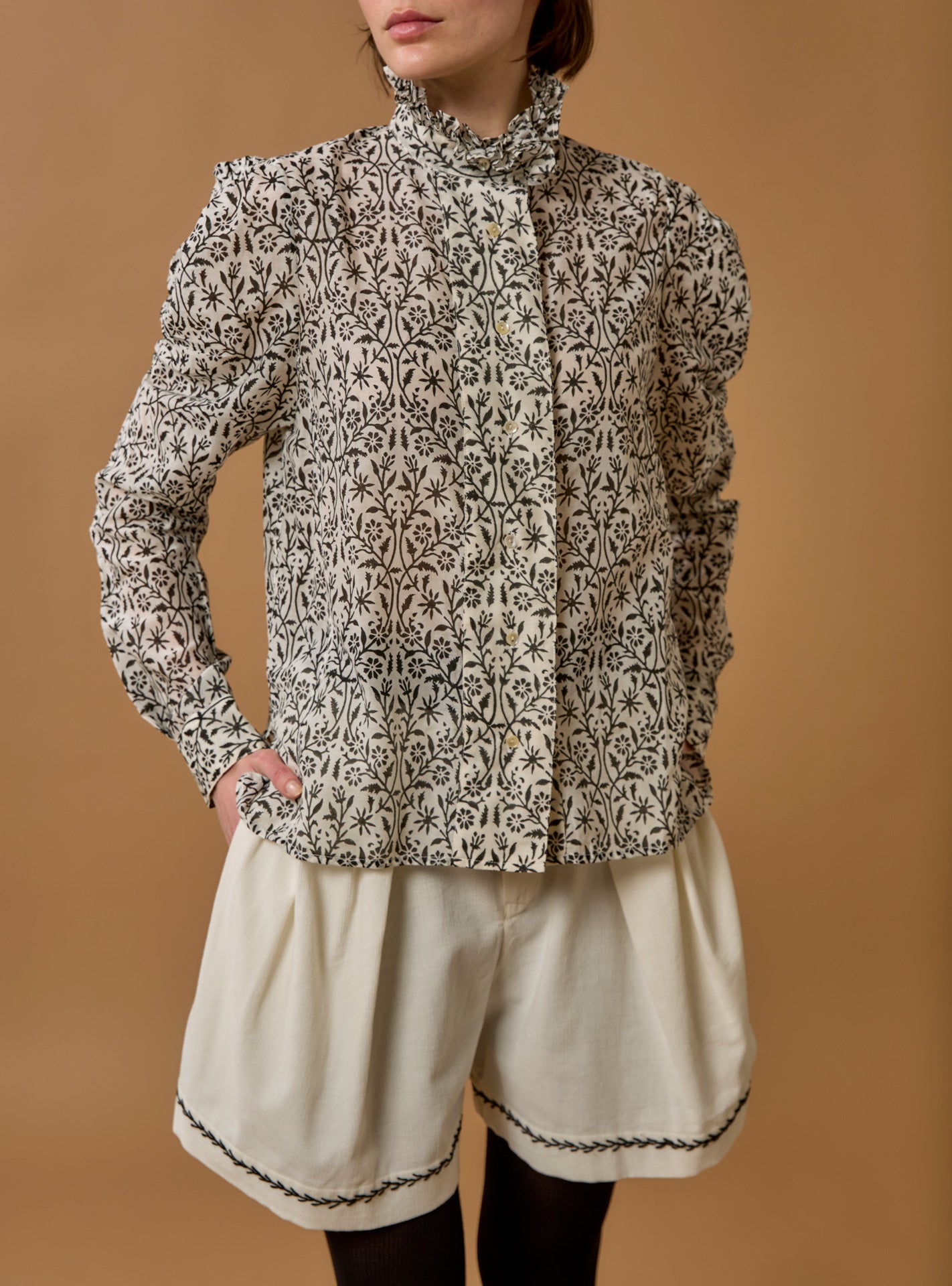 Wind Paper Cut Print Black Blouse by Thierry Colson