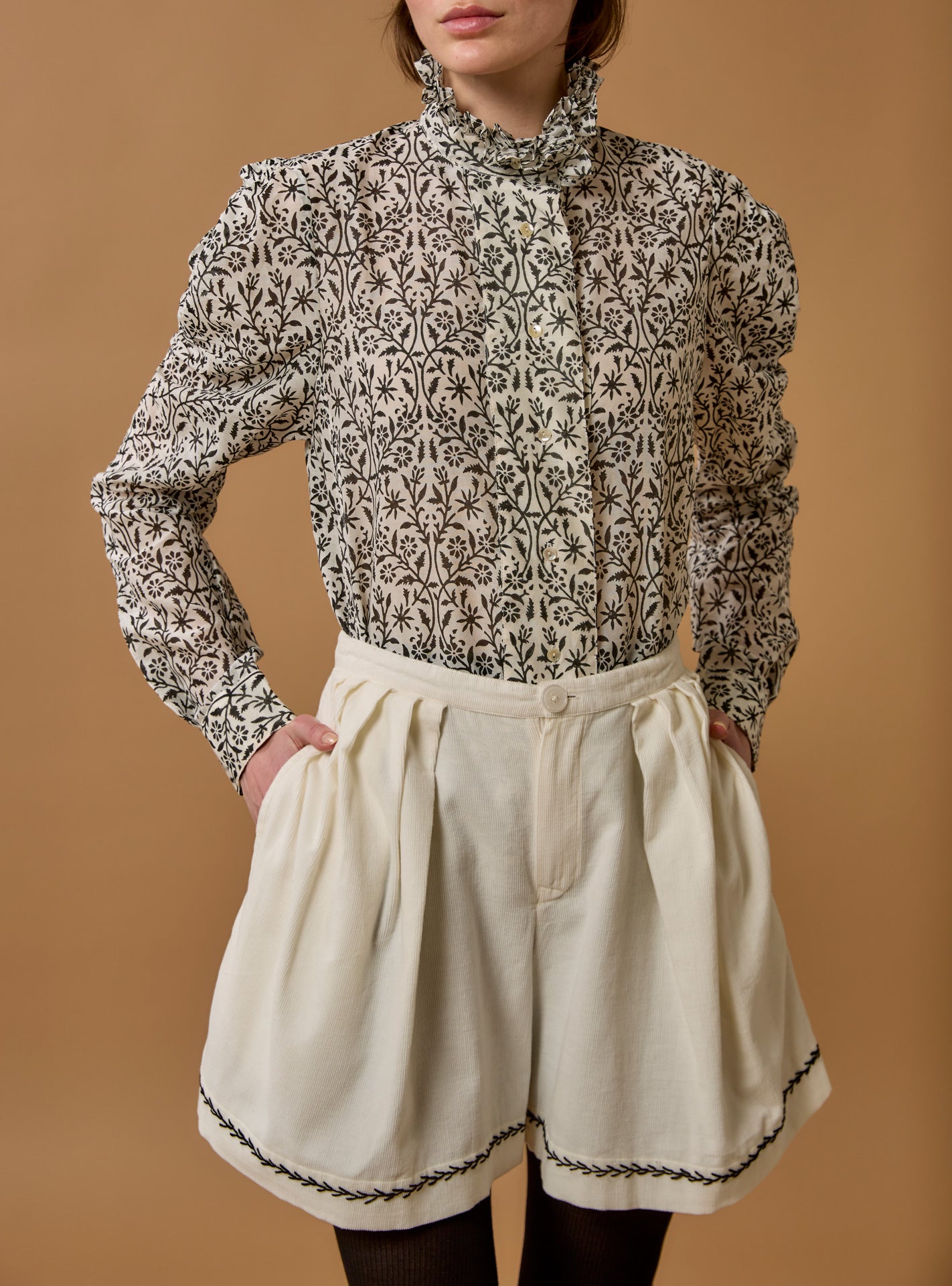 Wind Black Blouse with Kenya Shorts - Paper Cut Print by Thierry Colson