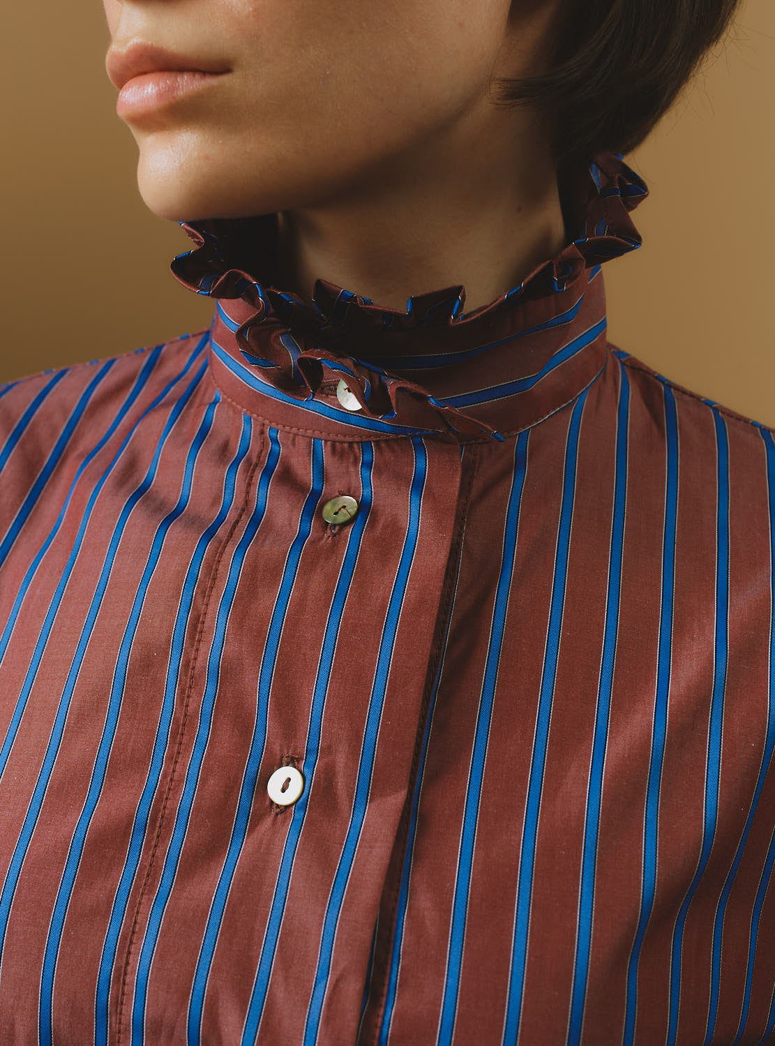 Collar detail of Wind County Brown Blue Stripes Blouse by Thierry Colson 