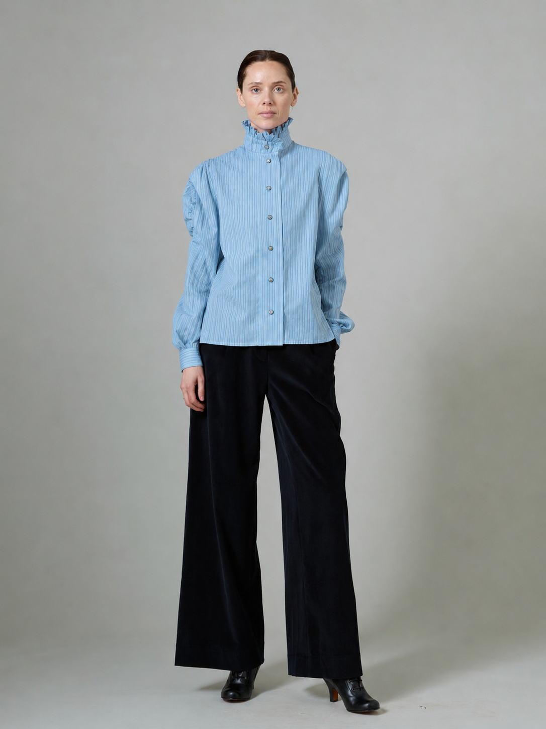 Wind Long Sleeves Shirt - Stone Blue - Chiffon Fileté