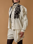 Front view of open Wind Cream/Black Blouse - Embroidered Corduroy by Thierry Colson