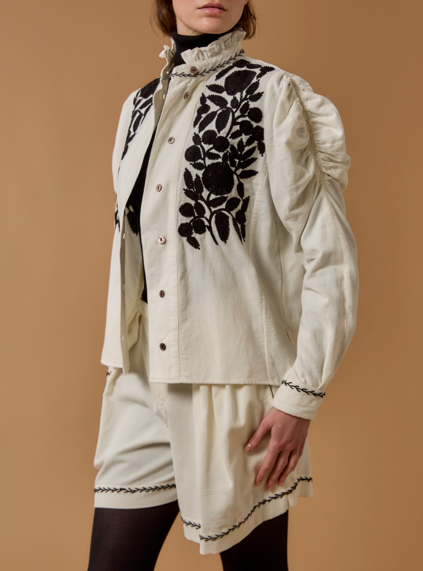 Front view of open Wind Cream/Black Blouse - Embroidered Corduroy by Thierry Colson